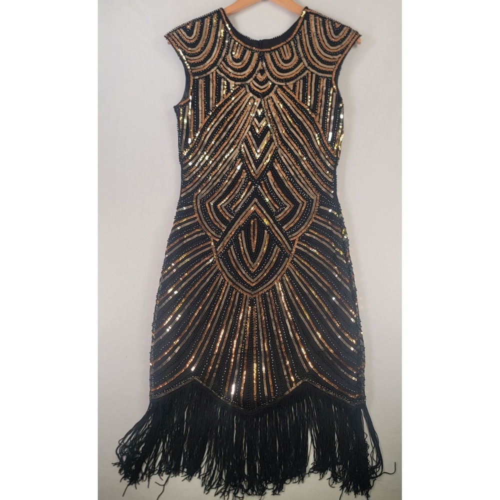 BABEYOND NWT M Black Gold Sequin Fringe Flapper Dress 1920s Gatsby Art Deco